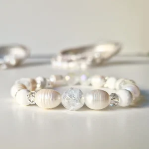 Édesvízi gyöngy, kagyló, angyal aura kvarc, hegyikristály